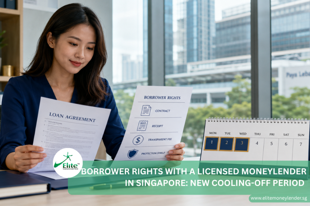 Borrower reviewing loan rights and an agreement during Singapore’s three-business-day licensed moneylender cooling-off period.