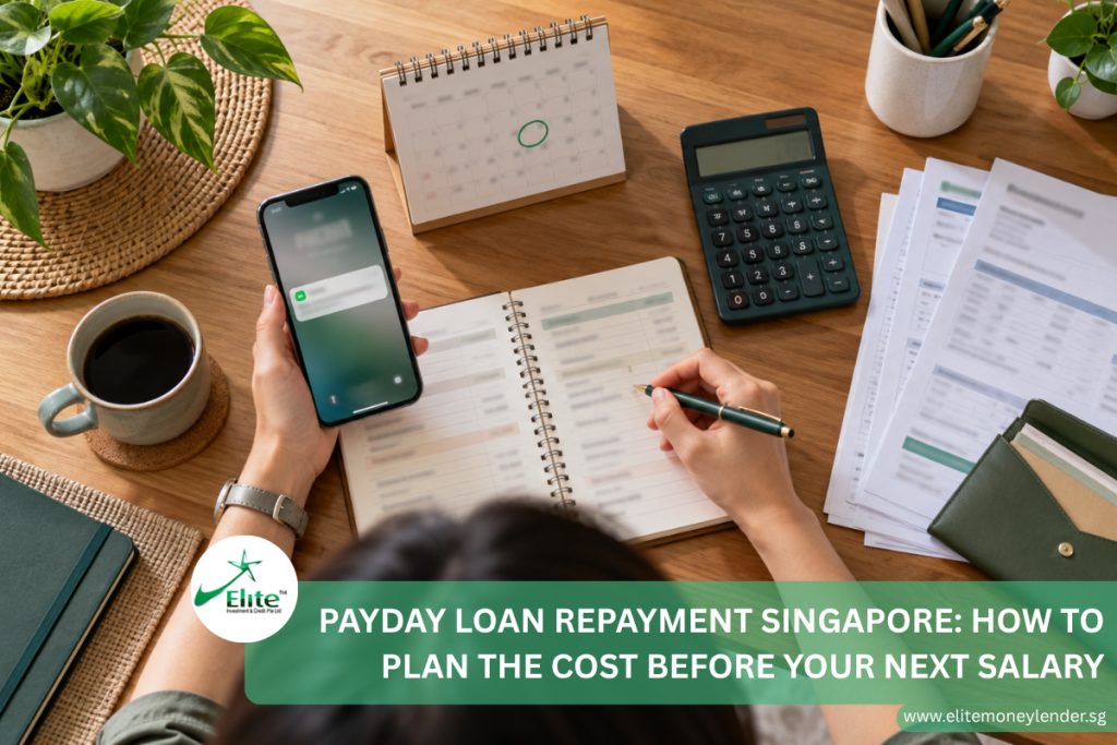 Borrower planning payday loan repayment with a calculator, calendar and household bills in Singapore.
